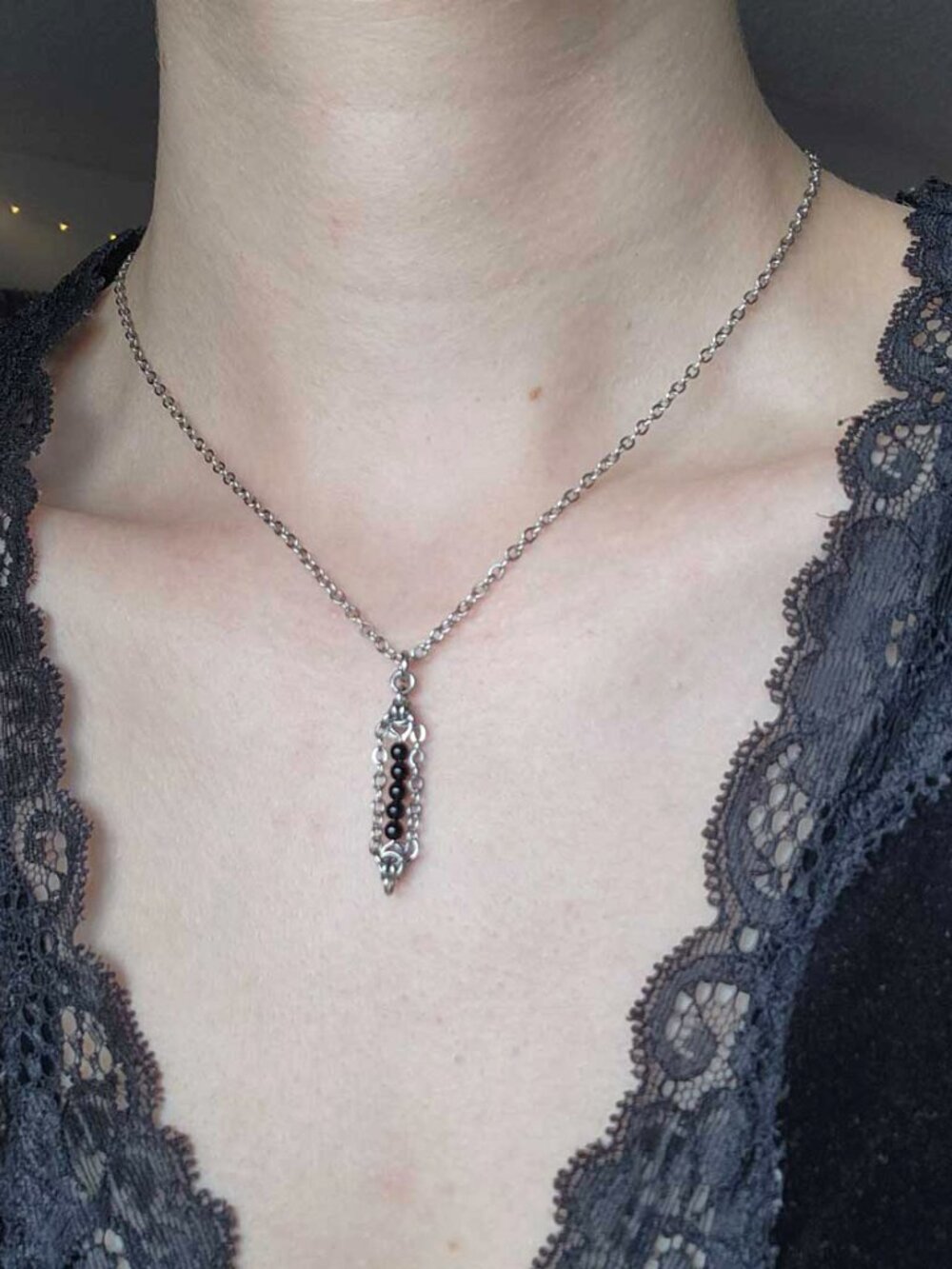 Gothic silver onyx necklace with a small silver chain